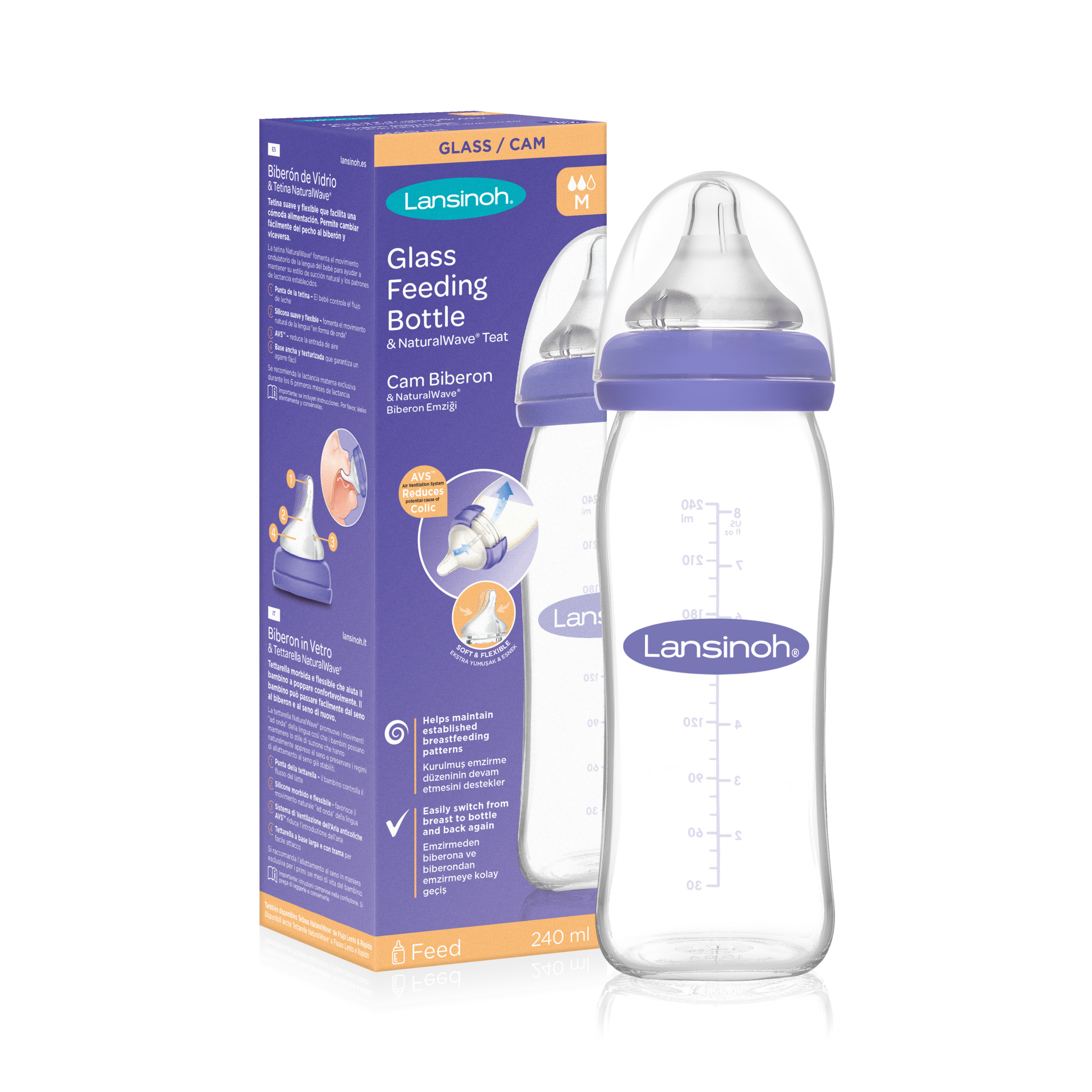 Mamadeira de Vidro 240ml Lansinoh com Bico NaturalWave® - Anticólica